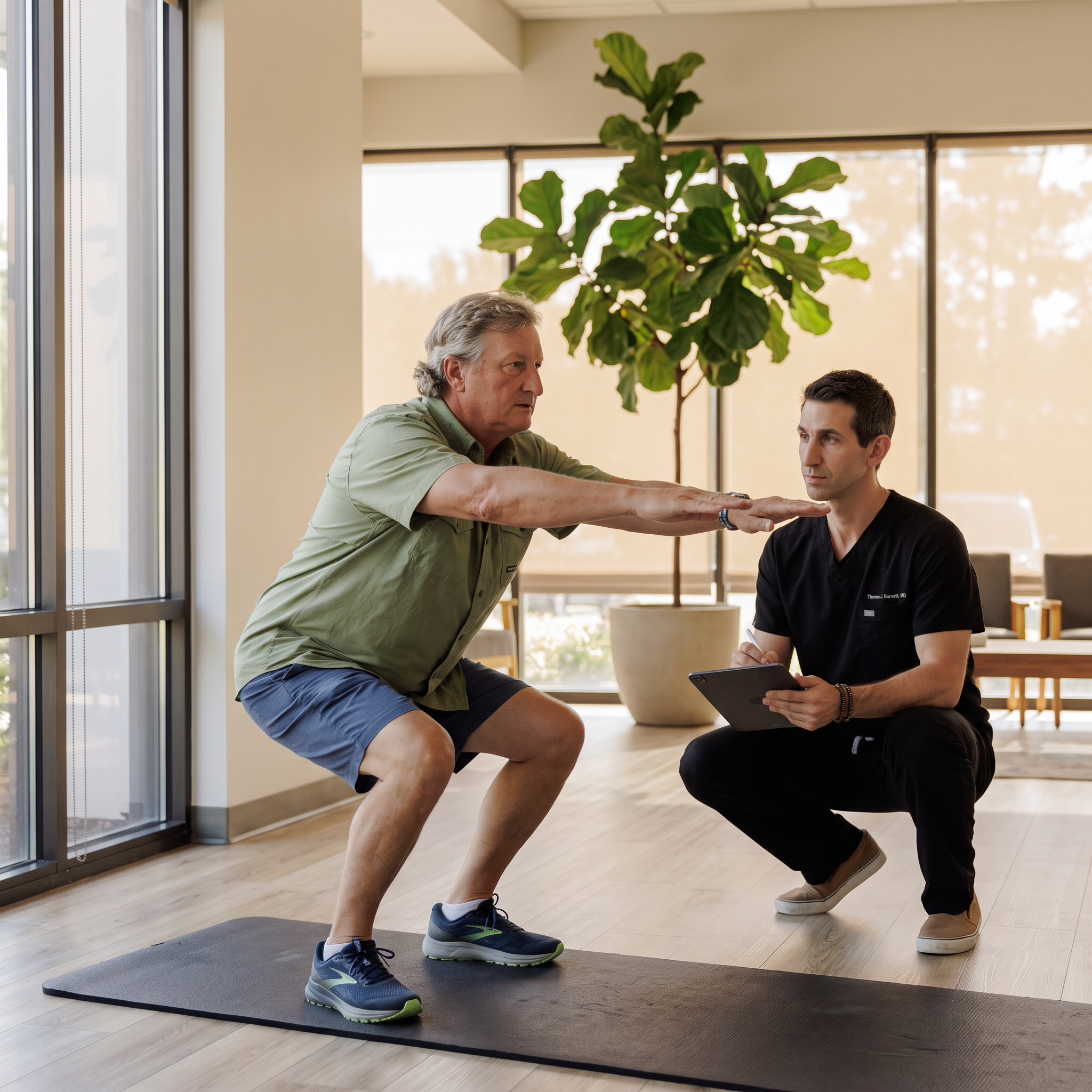 An older man in a green shirt and blue shorts performs a squat on a black yoga mat while being guided by a fitness instructor wearing black scrubs, in a bright modern indoor fitness space.