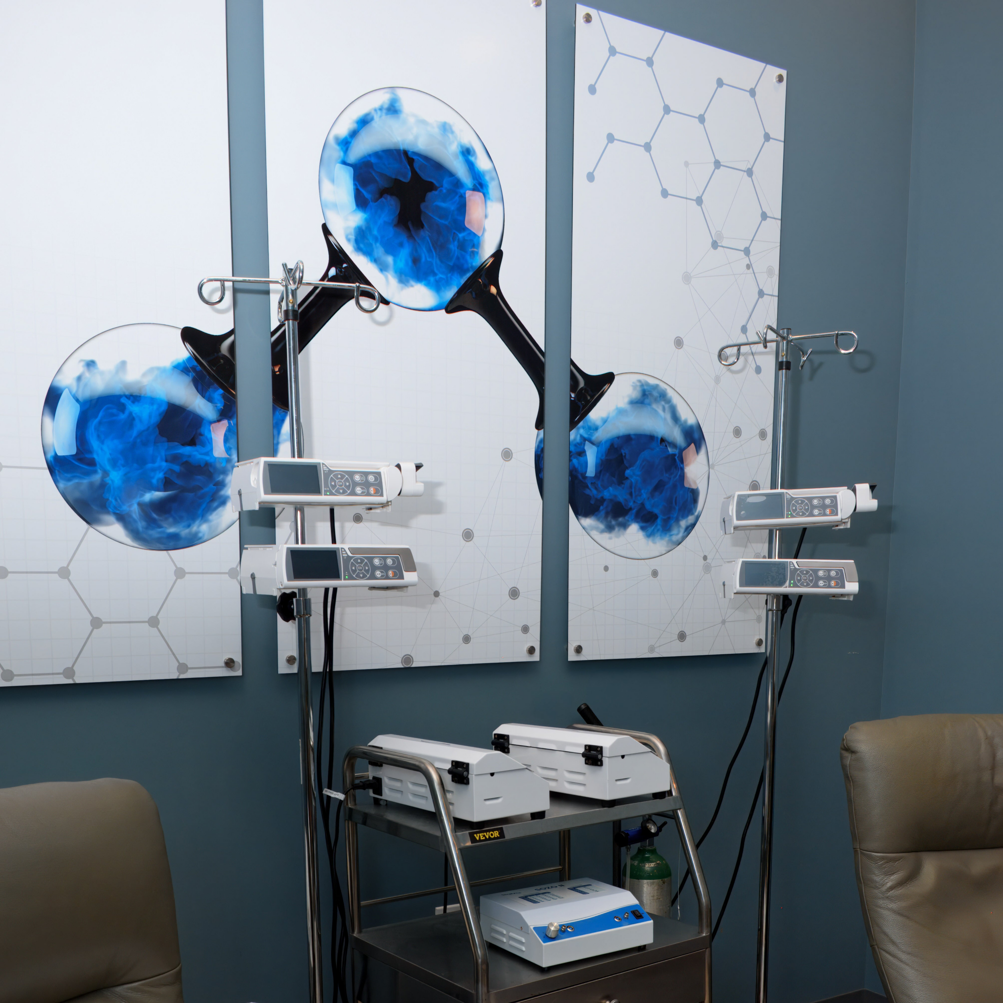 Scientific display with blue and white circular designs on a gray wall.