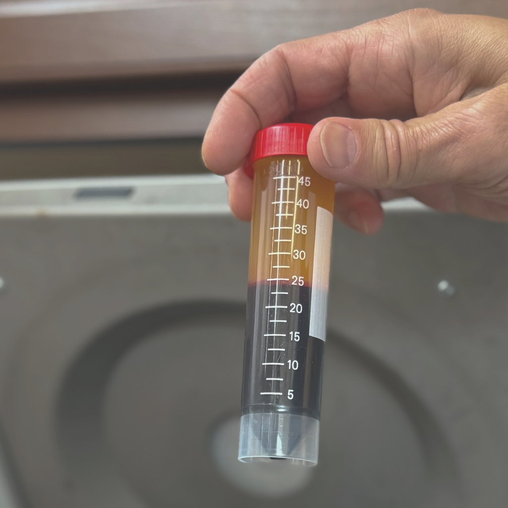Hand holding a cylindrical container with a red cap and measurement markings against a neutral background