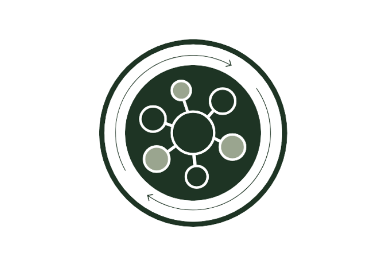 Circular icon with a central dot and radiating lines on a white background