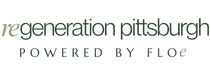 A text-based graphic reading 'regeneration pittsburgh' in dark green script with 'POWERED BY FLOE' below on a light gray background.