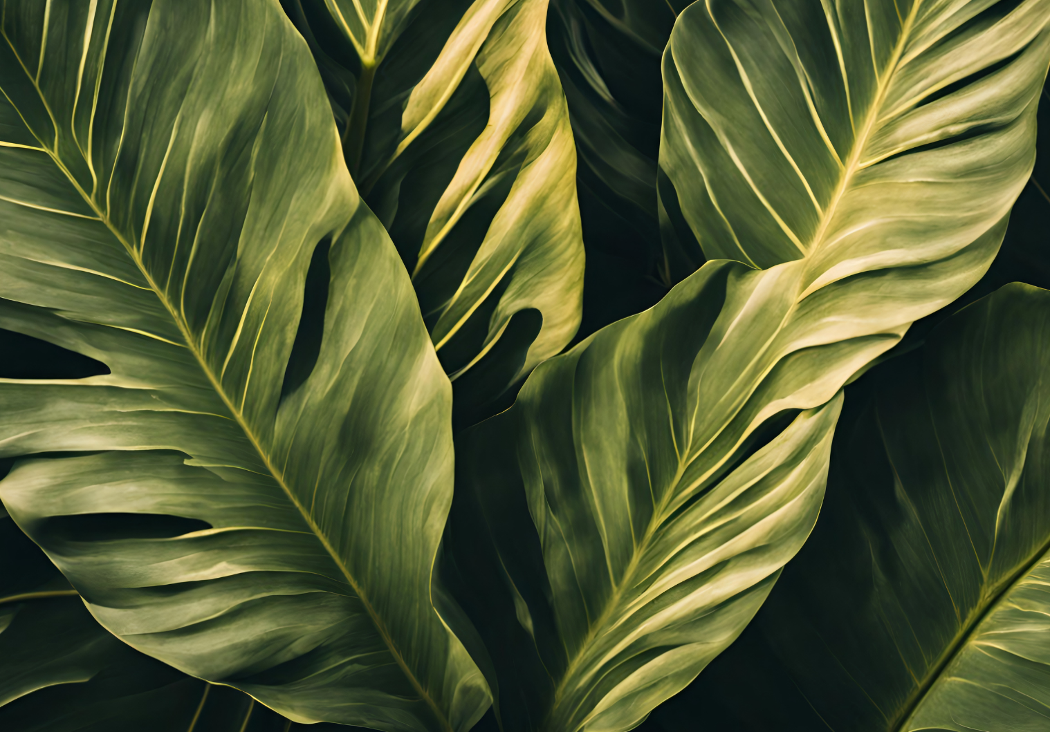Close-up of large tropical leaves with prominent veins in shades of green and olive, filling the frame.